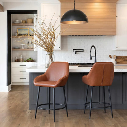 Set of Two 25" Brown And Black Faux Leather And Fabric And Steel Counter Height Bar Chairs