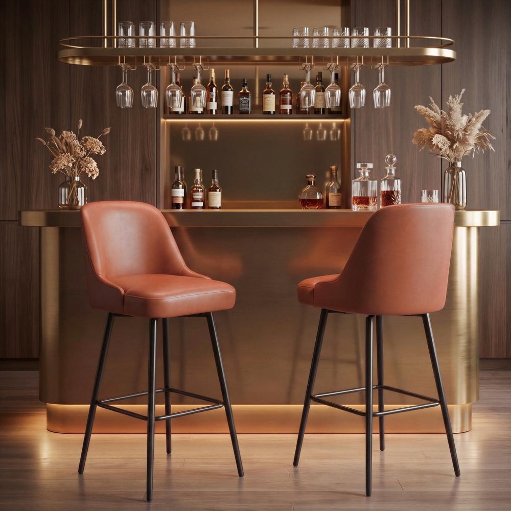 30" Brown And Black Faux Leather And Fabric And Steel Bar Height Swivel Bar Chair
