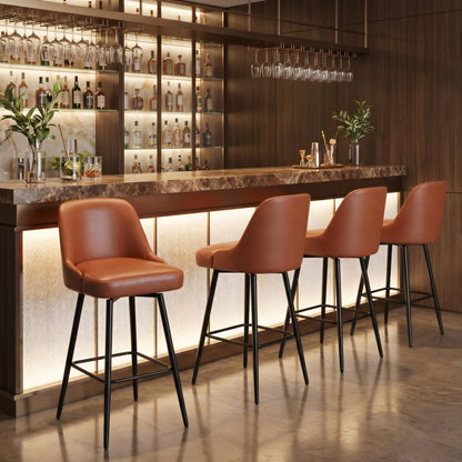 30" Brown And Black Faux Leather And Fabric And Steel Bar Height Swivel Bar Chair