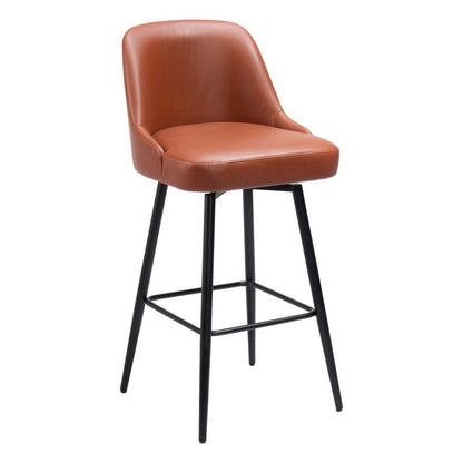 30" Brown And Black Faux Leather And Fabric And Steel Bar Height Swivel Bar Chair