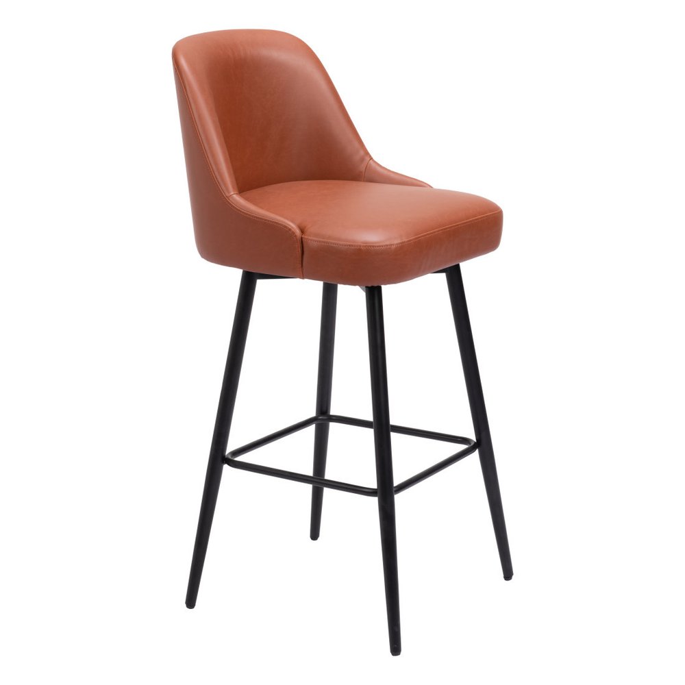 30" Brown And Black Faux Leather And Fabric And Steel Bar Height Swivel Bar Chair