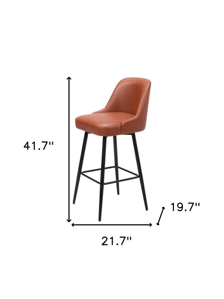 30" Brown And Black Faux Leather And Fabric And Steel Bar Height Swivel Bar Chair