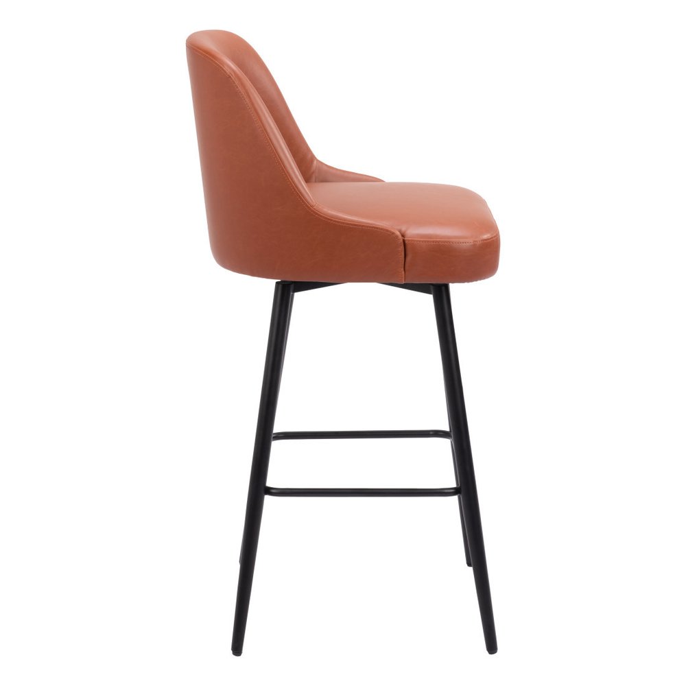 30" Brown And Black Faux Leather And Fabric And Steel Bar Height Swivel Bar Chair