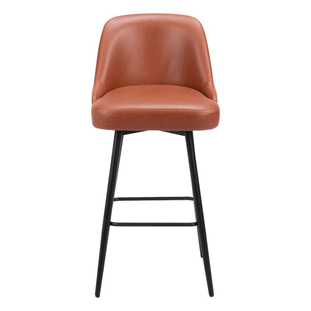30" Brown And Black Faux Leather And Fabric And Steel Bar Height Swivel Bar Chair