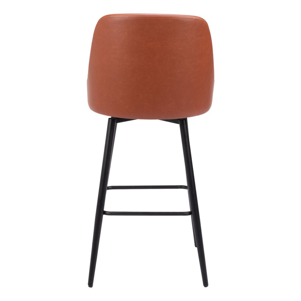 30" Brown And Black Faux Leather And Fabric And Steel Bar Height Swivel Bar Chair