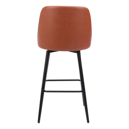 30" Brown And Black Faux Leather And Fabric And Steel Bar Height Swivel Bar Chair