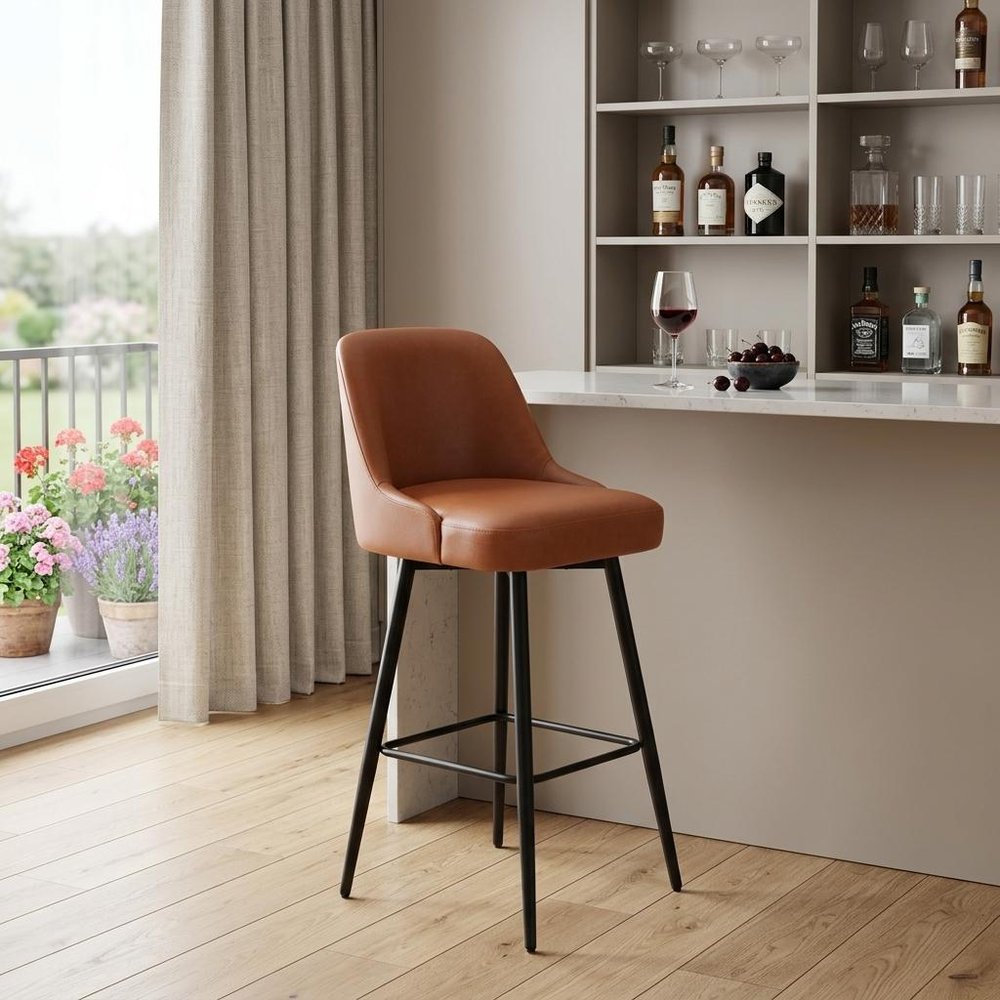30" Brown And Black Faux Leather And Fabric And Steel Bar Height Swivel Bar Chair