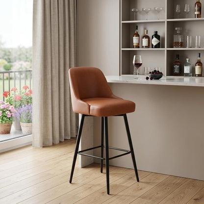 30" Brown And Black Faux Leather And Fabric And Steel Bar Height Swivel Bar Chair