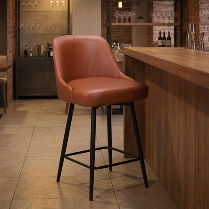 26" Brown And Black Faux Leather And Fabric And Steel Counter Height Swivel Bar Chair