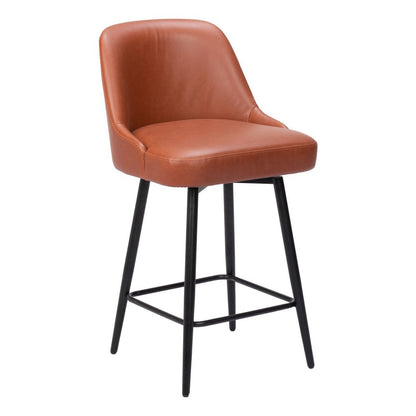 26" Brown And Black Faux Leather And Fabric And Steel Counter Height Swivel Bar Chair