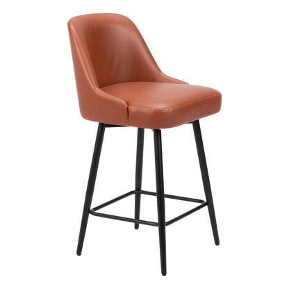 26" Brown And Black Faux Leather And Fabric And Steel Counter Height Swivel Bar Chair