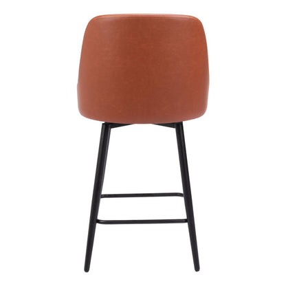 26" Brown And Black Faux Leather And Fabric And Steel Counter Height Swivel Bar Chair