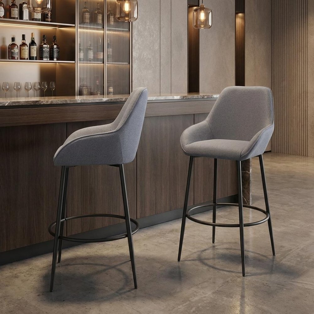 Set of Two 30" Gray And Black Fabric And Steel Bar Height Bar Chairs