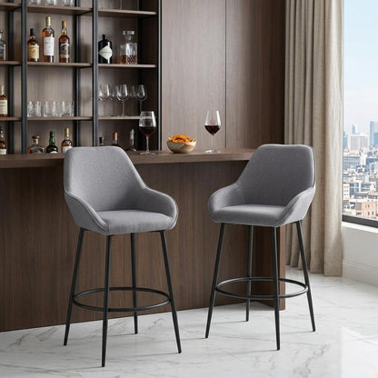 Set of Two 30" Gray And Black Fabric And Steel Bar Height Bar Chairs