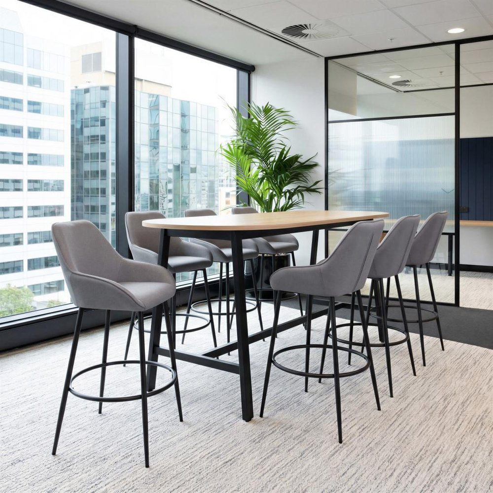 Set of Two 30" Gray And Black Fabric And Steel Bar Height Bar Chairs