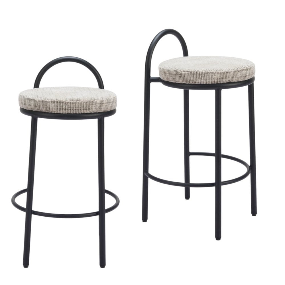 Set of Two 26" Beige And Black Chenille And Steel Low Back Counter Height Bar Chairs