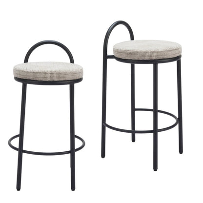 Set of Two 26" Beige And Black Chenille And Steel Low Back Counter Height Bar Chairs