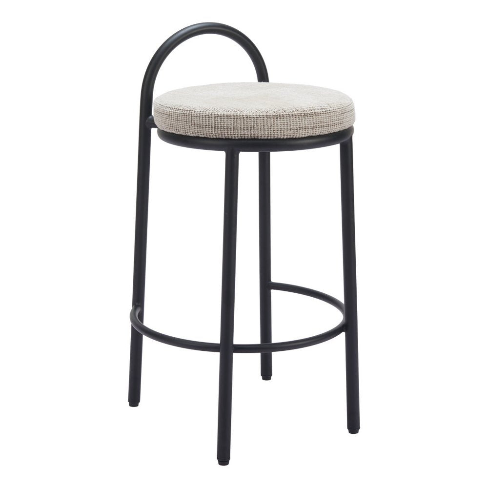 Set of Two 26" Beige And Black Chenille And Steel Low Back Counter Height Bar Chairs