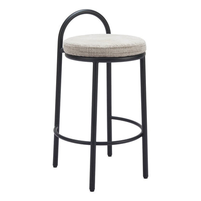 Set of Two 26" Beige And Black Chenille And Steel Low Back Counter Height Bar Chairs