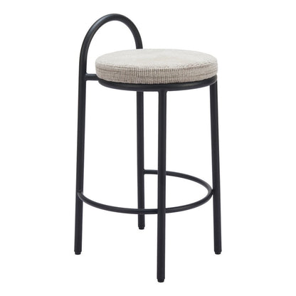 Set of Two 26" Beige And Black Chenille And Steel Low Back Counter Height Bar Chairs
