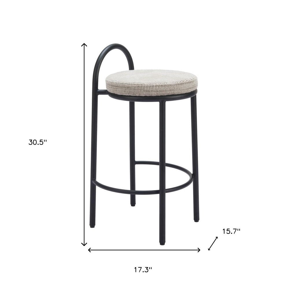 Set of Two 26" Beige And Black Chenille And Steel Low Back Counter Height Bar Chairs
