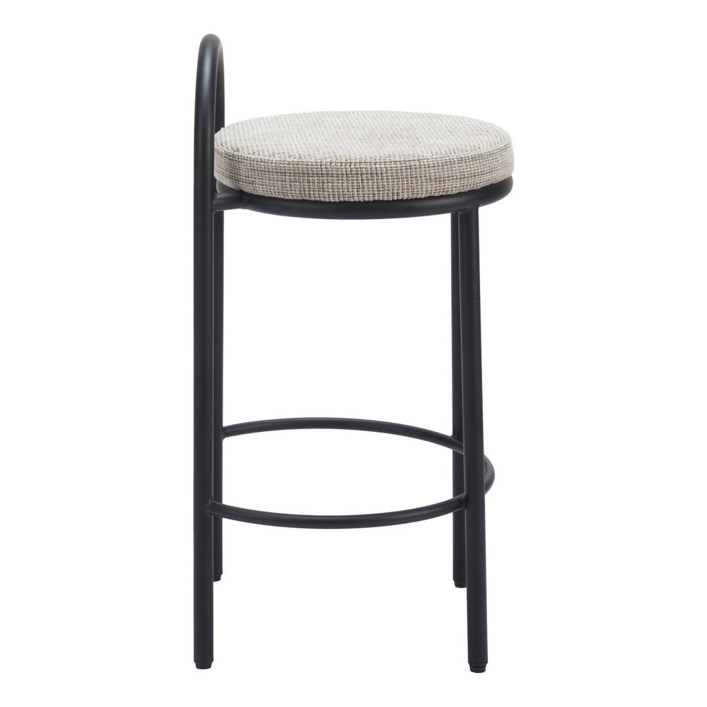 Set of Two 26" Beige And Black Chenille And Steel Low Back Counter Height Bar Chairs