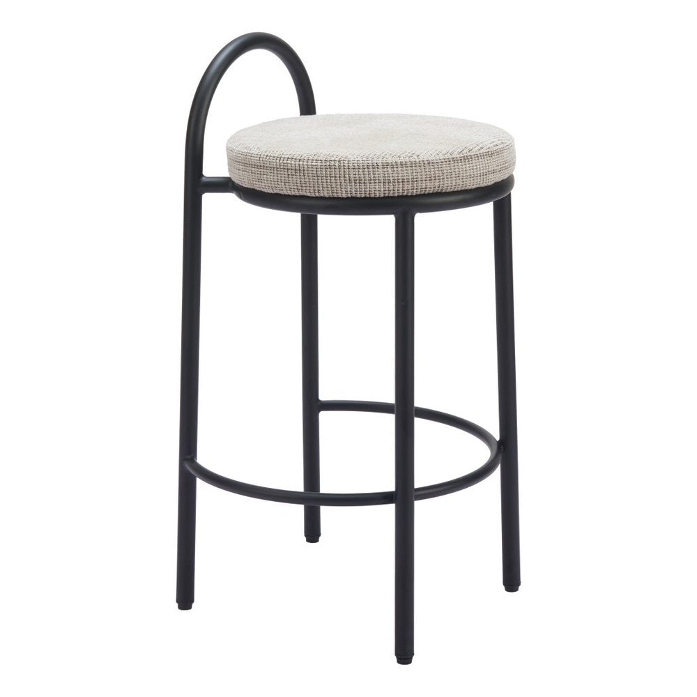 Set of Two 26" Beige And Black Chenille And Steel Low Back Counter Height Bar Chairs