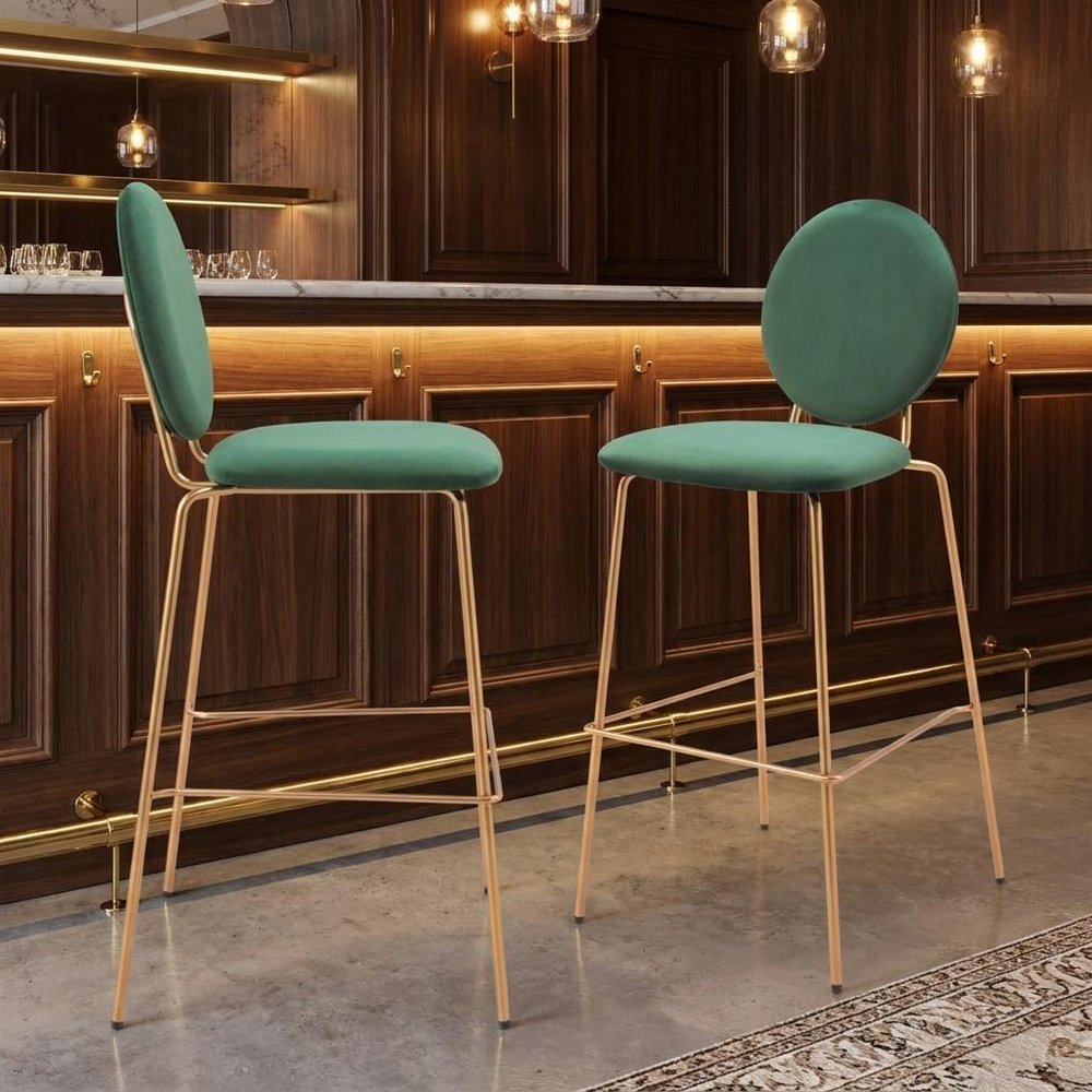 Set of Two 30" Green And Gold Velvet And Steel Bar Height Bar Chairs