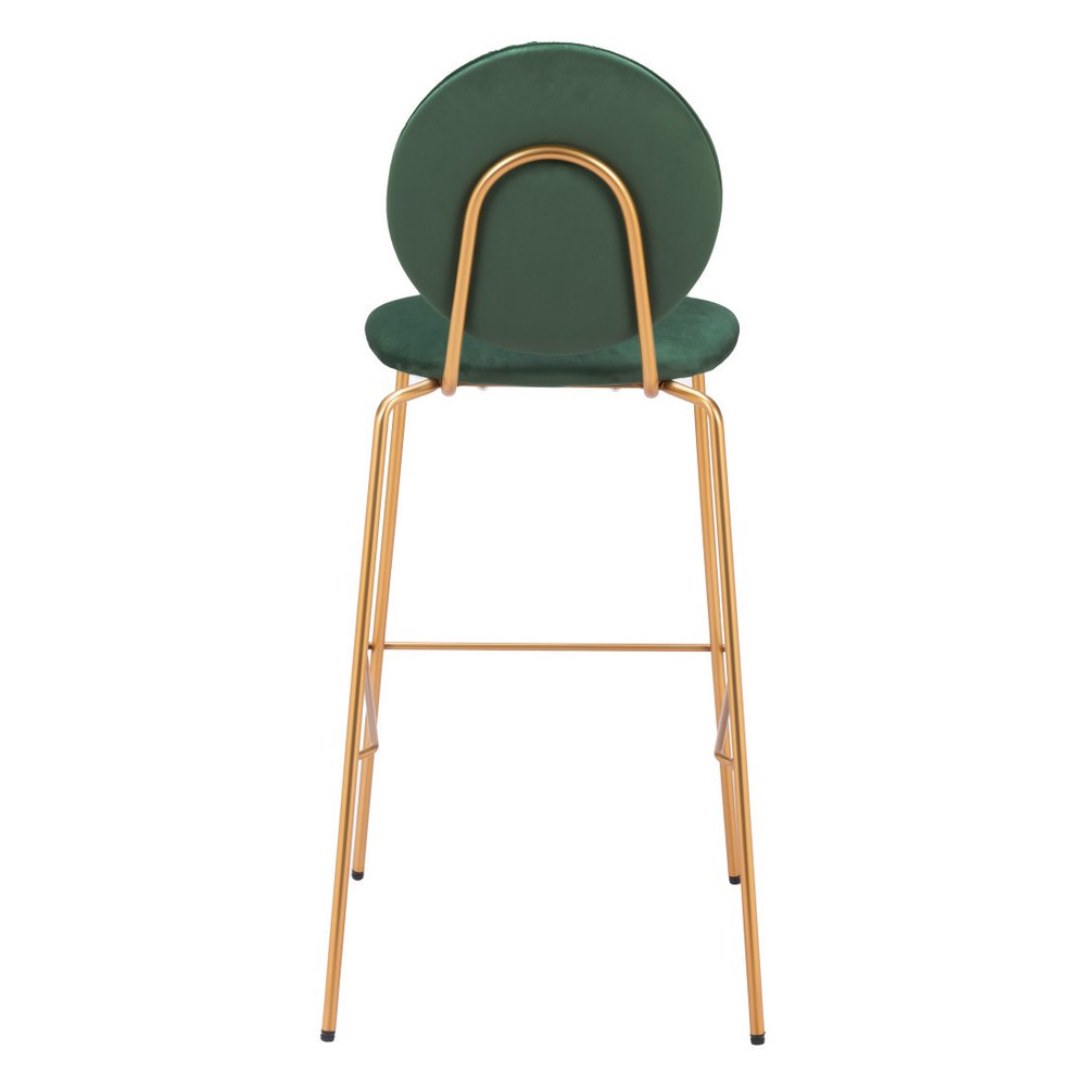 Set of Two 30" Green And Gold Velvet And Steel Bar Height Bar Chairs