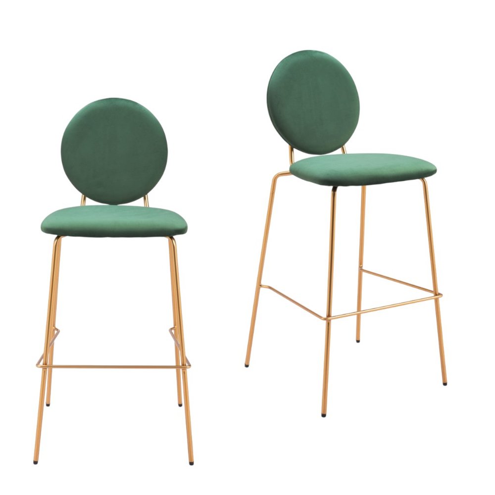 Set of Two 30" Green And Gold Velvet And Steel Bar Height Bar Chairs