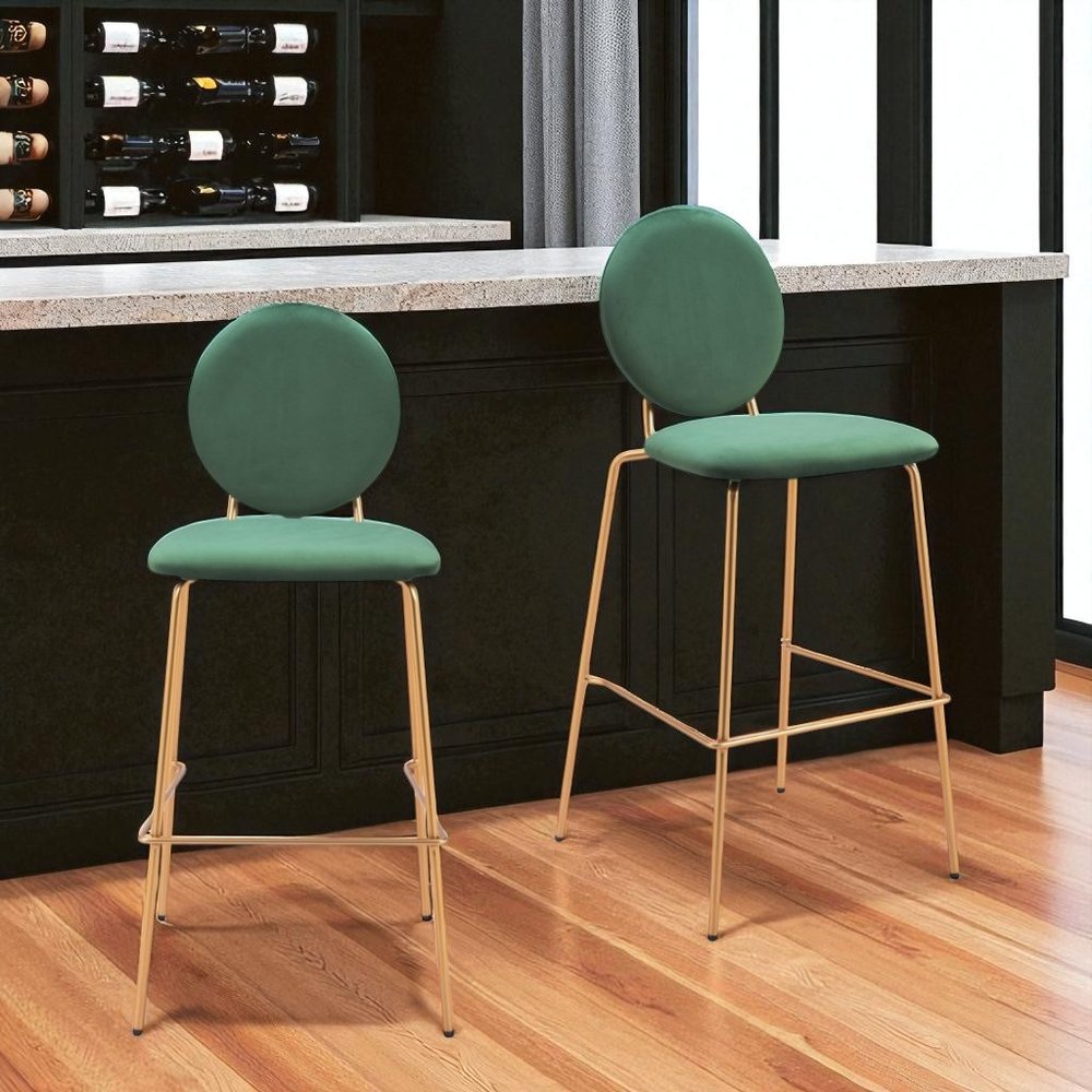Set of Two 30" Green And Gold Velvet And Steel Bar Height Bar Chairs