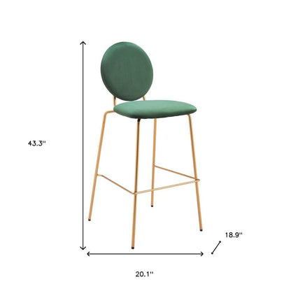 Set of Two 30" Green And Gold Velvet And Steel Bar Height Bar Chairs
