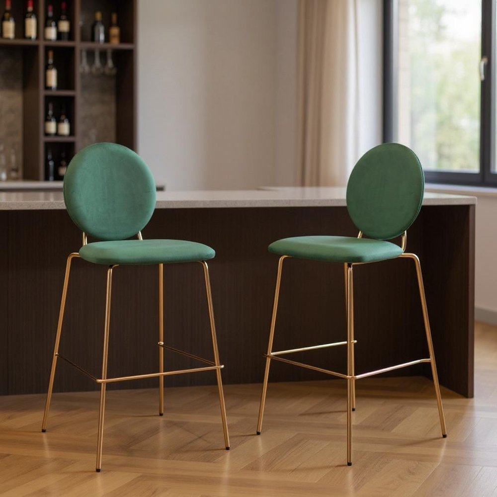 Set of Two 30" Green And Gold Velvet And Steel Bar Height Bar Chairs