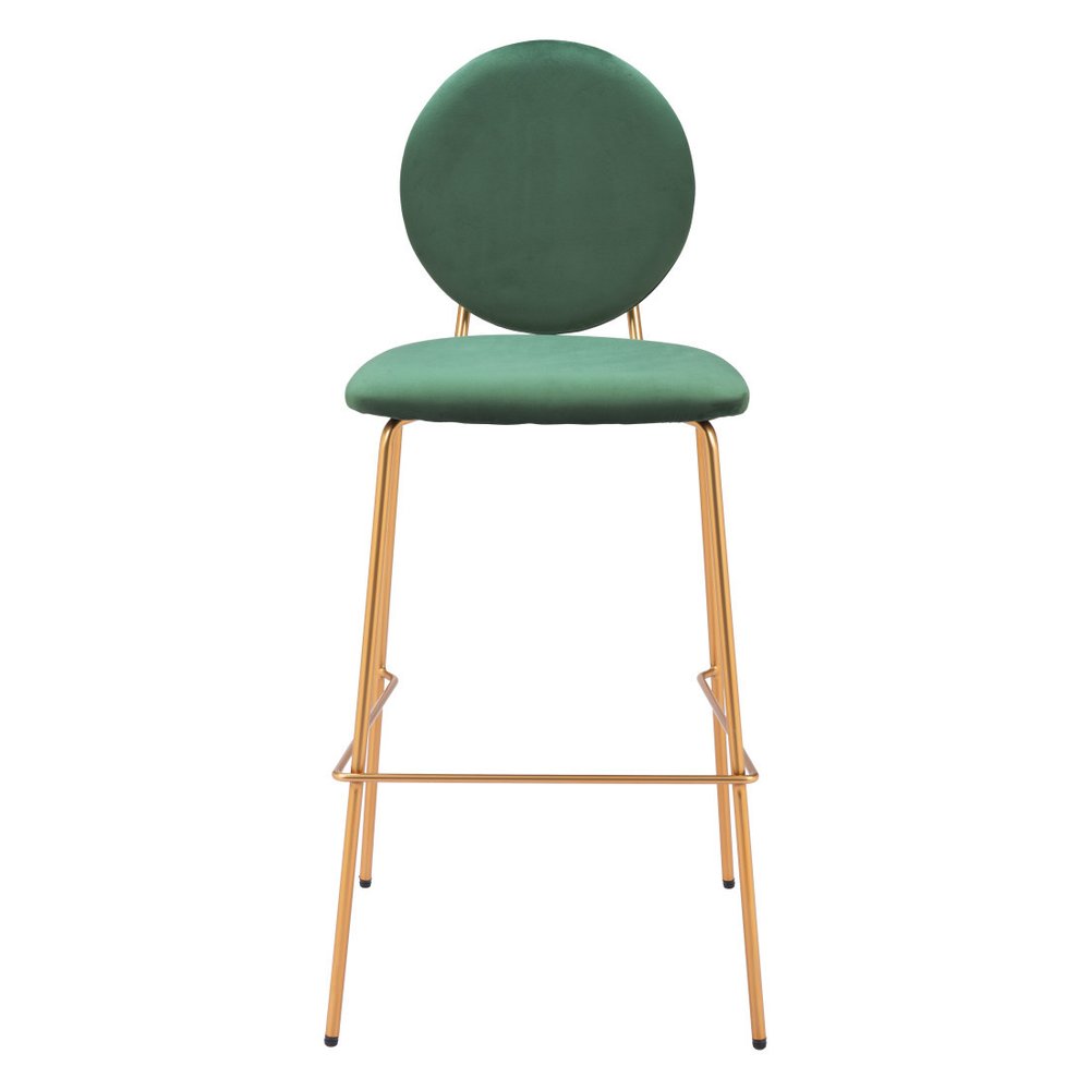 Set of Two 30" Green And Gold Velvet And Steel Bar Height Bar Chairs