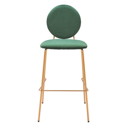 Set of Two 30" Green And Gold Velvet And Steel Bar Height Bar Chairs