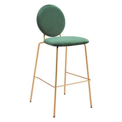 Set of Two 30" Green And Gold Velvet And Steel Bar Height Bar Chairs