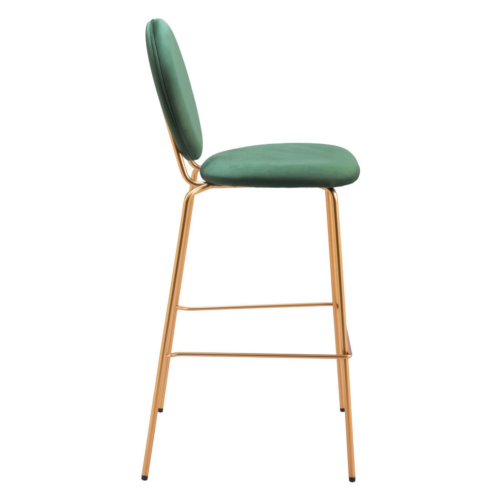 Set of Two 30" Green And Gold Velvet And Steel Bar Height Bar Chairs