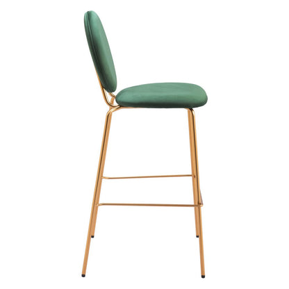 Set of Two 30" Green And Gold Velvet And Steel Bar Height Bar Chairs