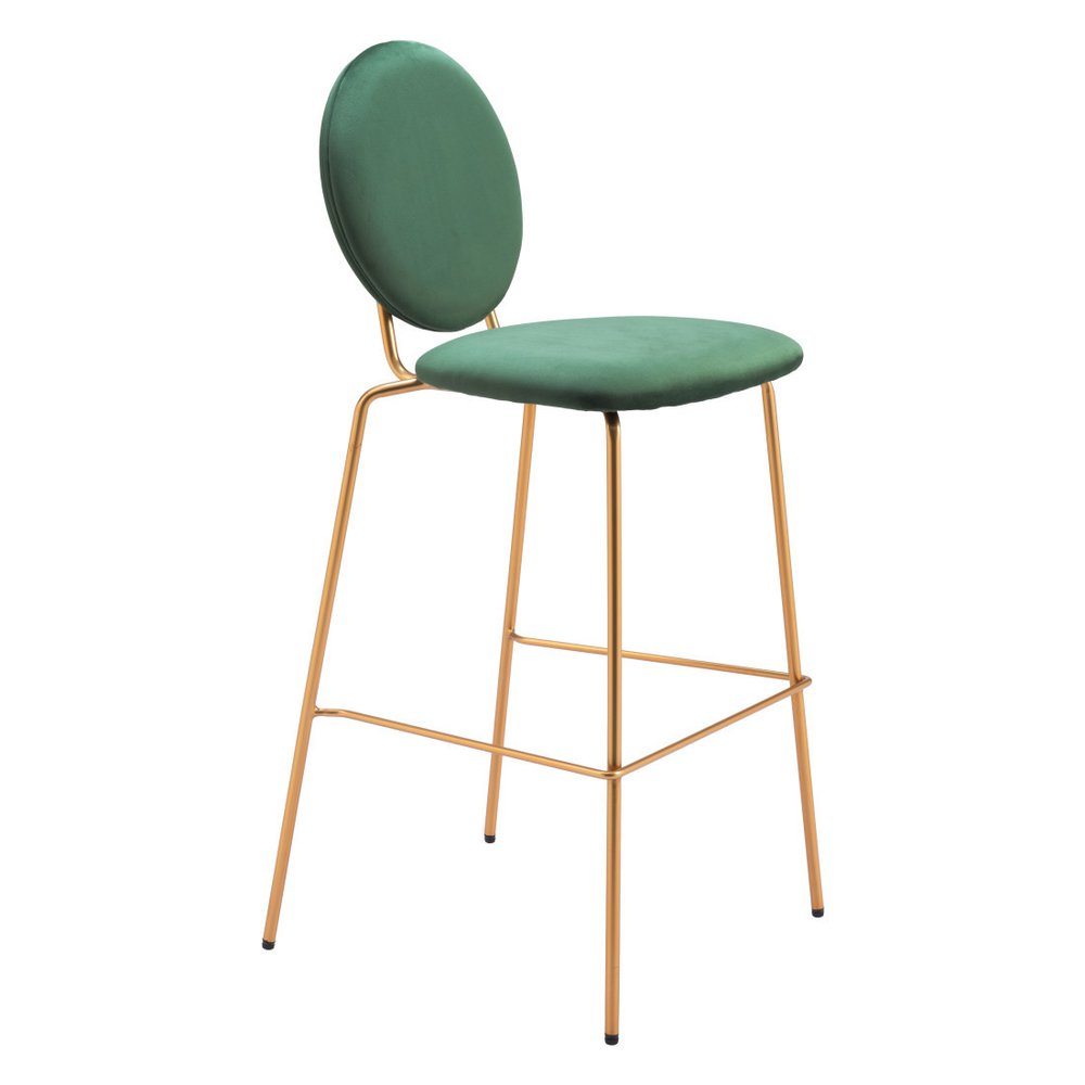 Set of Two 30" Green And Gold Velvet And Steel Bar Height Bar Chairs
