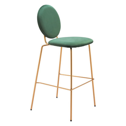 Set of Two 30" Green And Gold Velvet And Steel Bar Height Bar Chairs