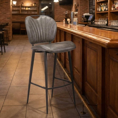30" Gray And Black Faux Leather And Fabric And Steel Low Back Bar Height Bar Chair