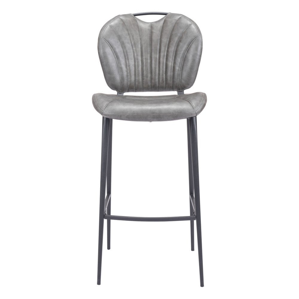 30" Gray And Black Faux Leather And Fabric And Steel Low Back Bar Height Bar Chair