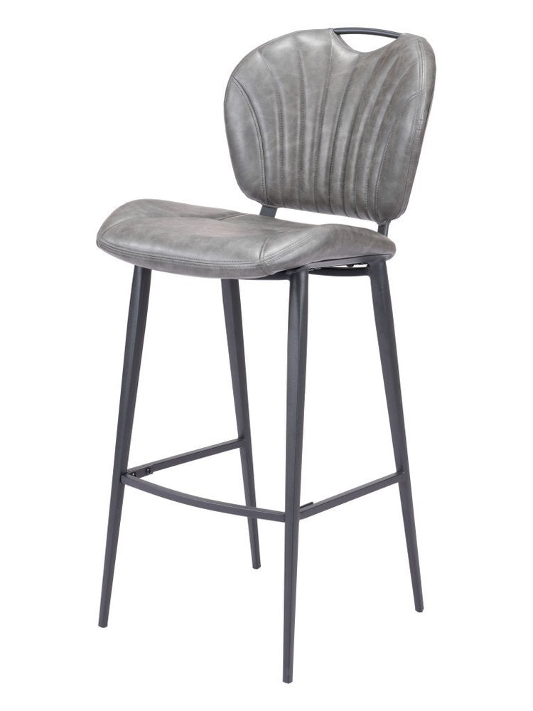 30" Gray And Black Faux Leather And Fabric And Steel Low Back Bar Height Bar Chair