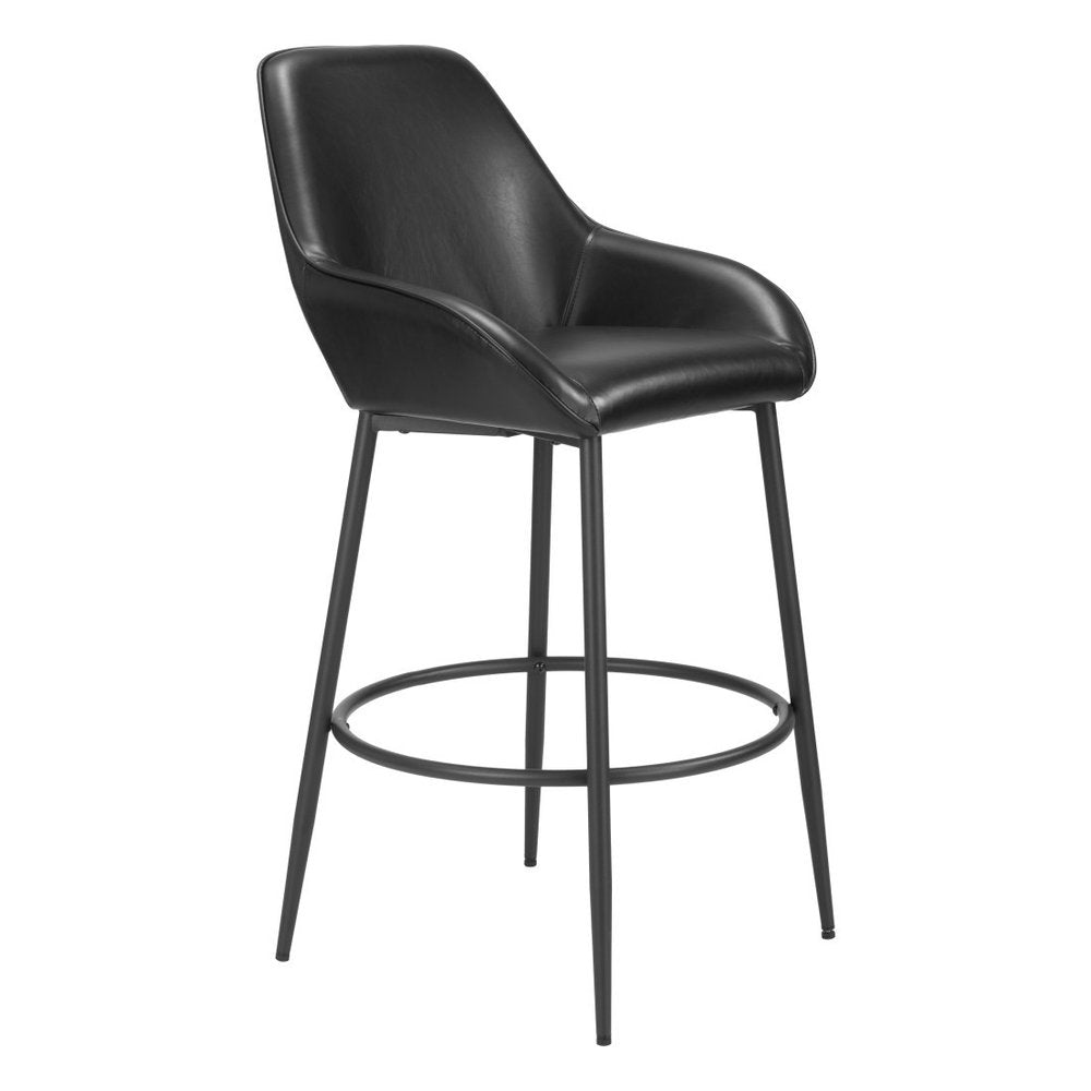 Set of Two 30" Black Faux Leather And Fabric And Steel Bar Height Bar Chairs