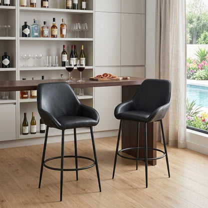 Set of Two 30" Black Faux Leather And Fabric And Steel Bar Height Bar Chairs