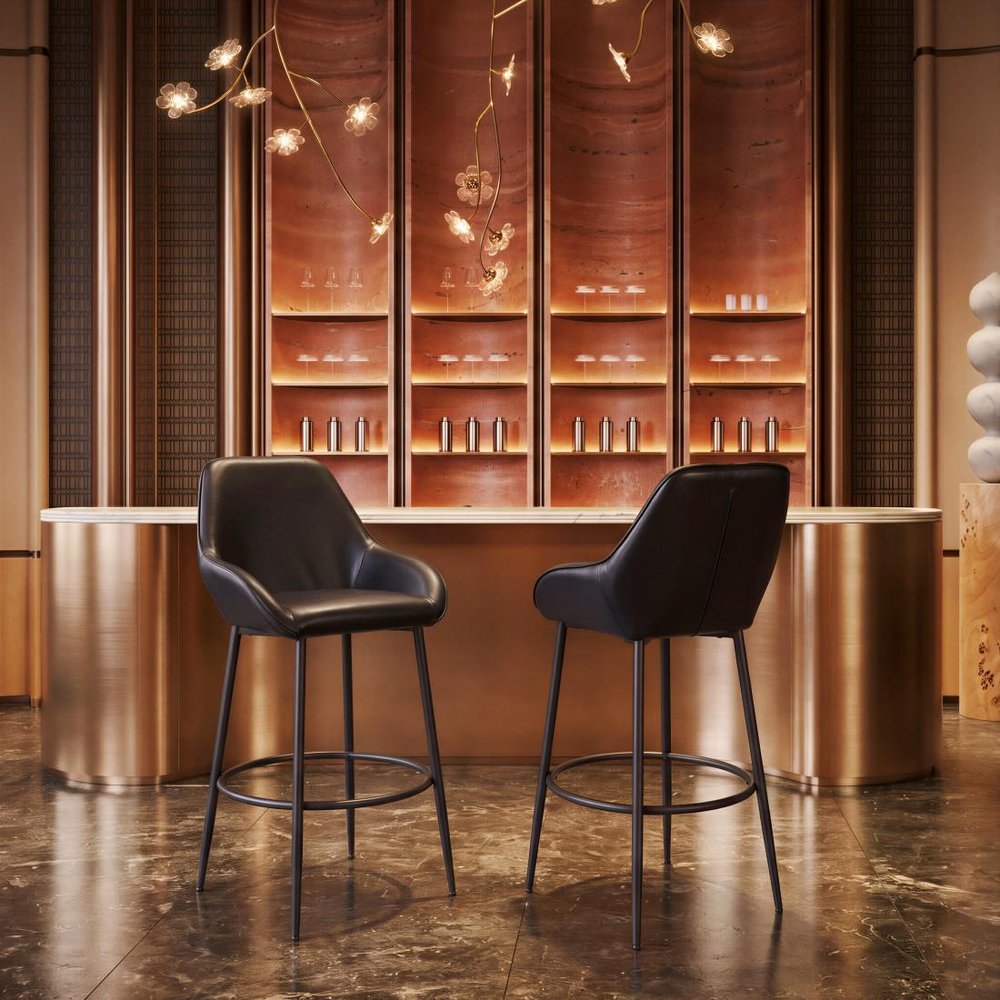 Set of Two 30" Black Faux Leather And Fabric And Steel Bar Height Bar Chairs