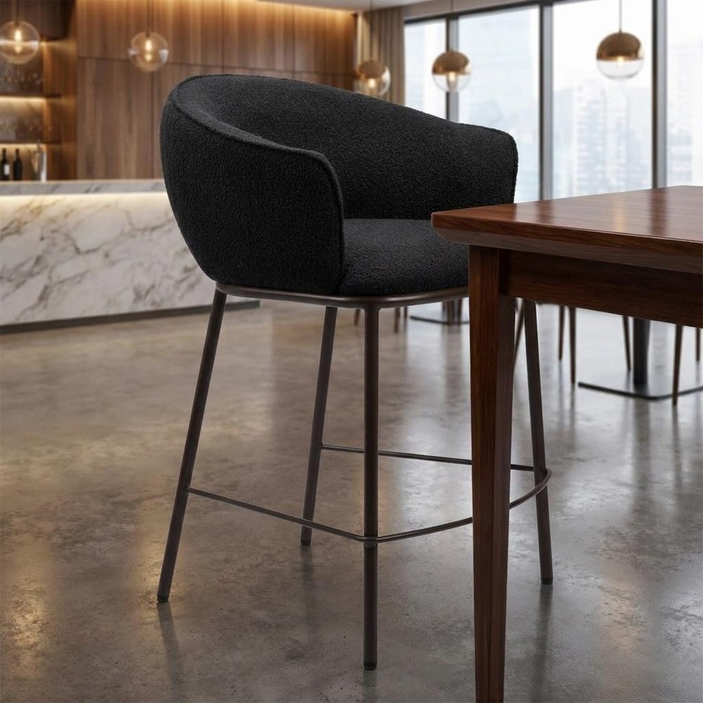 26" Black And Bronze Shearling And Fabric And Steel Counter Height Bar Chair