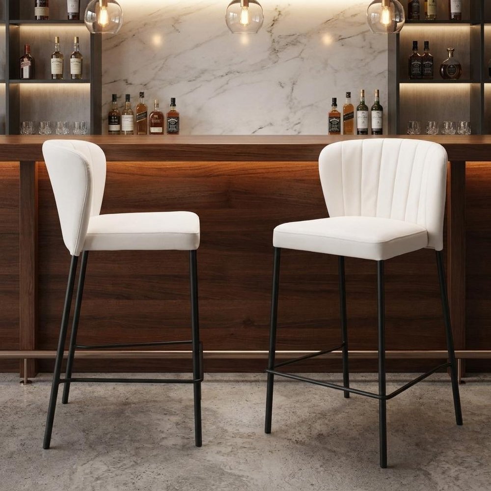 Set of Two 26" Cream And Black Faux Leather And Fabric And Steel Counter Height Bar Chairs