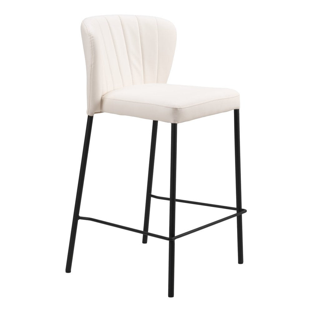 Set of Two 26" Cream And Black Faux Leather And Fabric And Steel Counter Height Bar Chairs