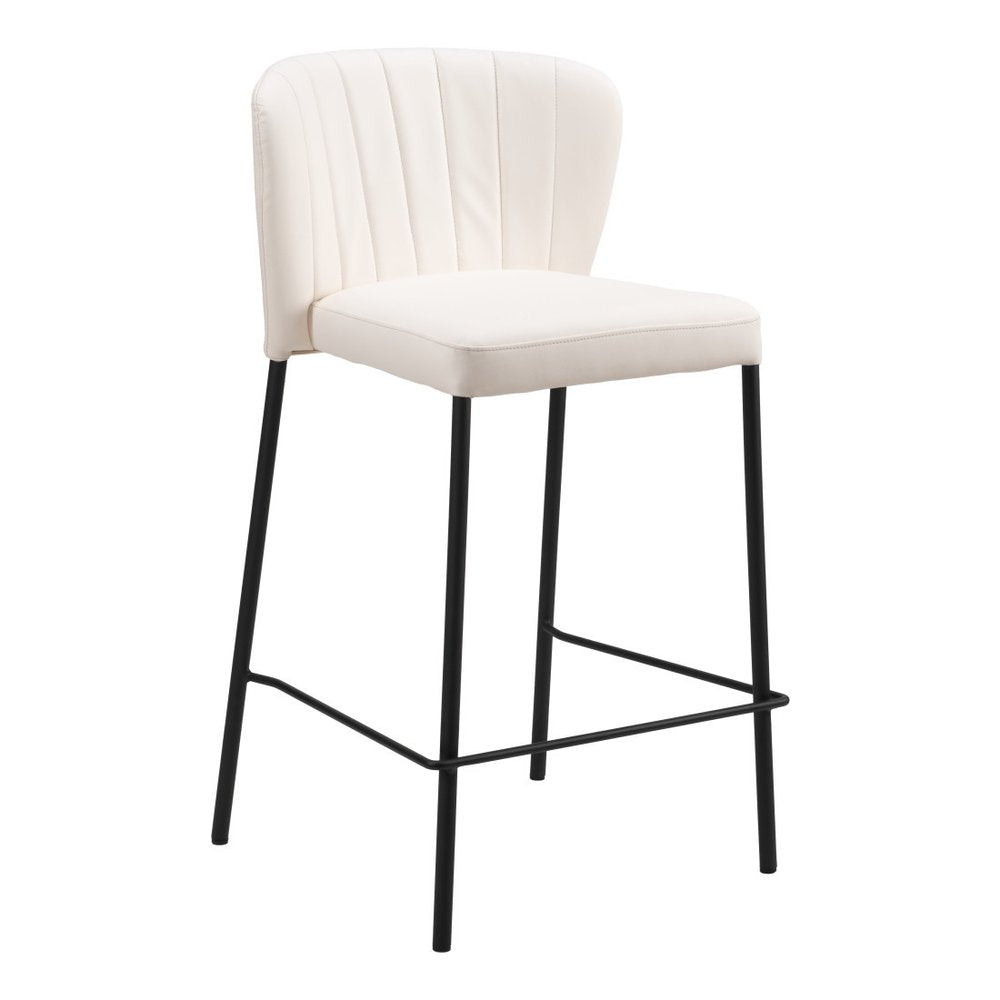 Set of Two 26" Cream And Black Faux Leather And Fabric And Steel Counter Height Bar Chairs